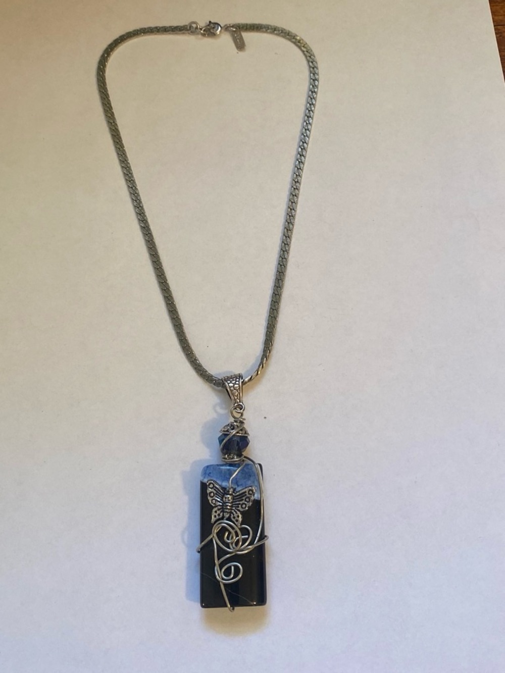 Silver-Tone Blue & Black Butterfly Pendant on a vintage Monet chain